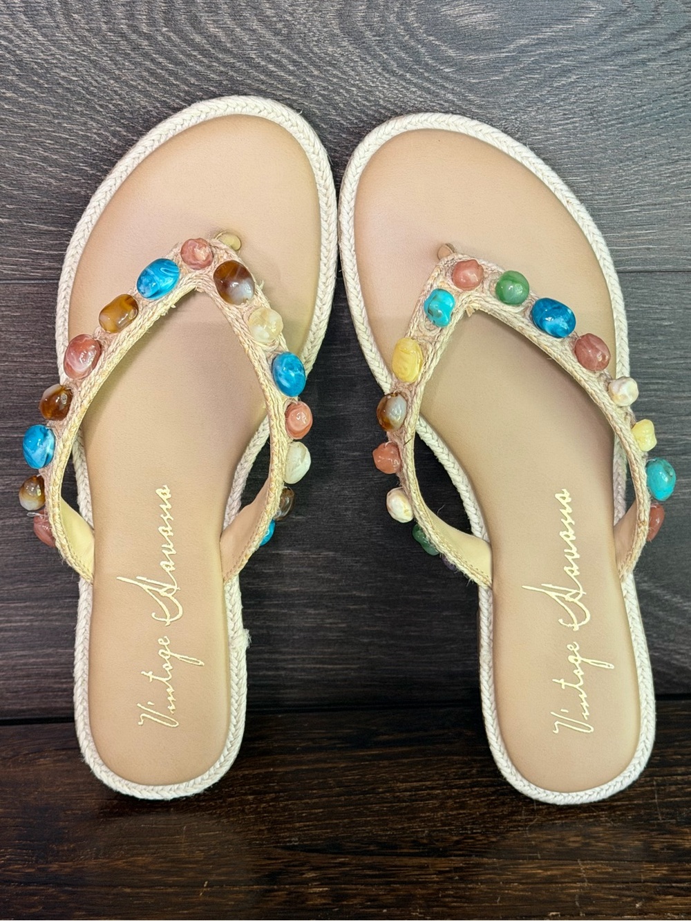 Vintage Havana Sandy Beige Beaded Thong Sandals NIB Size 7 - Picture 2 of 16